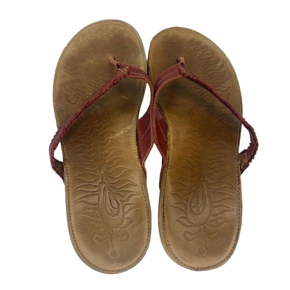 Olukai Leather Sandals Women's 10 US Kahili Tan Red Thong Slip On Slides 41 EUR - Picture 4 of 9